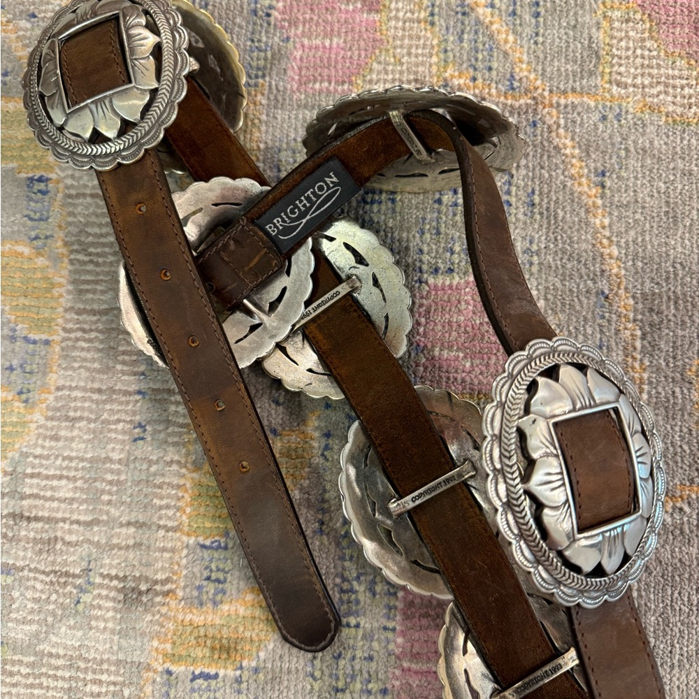 Brighton 1993 Sunflower Western Brown Leather Concho Belt Silver-Tone Buckles - Picture 6 of 9